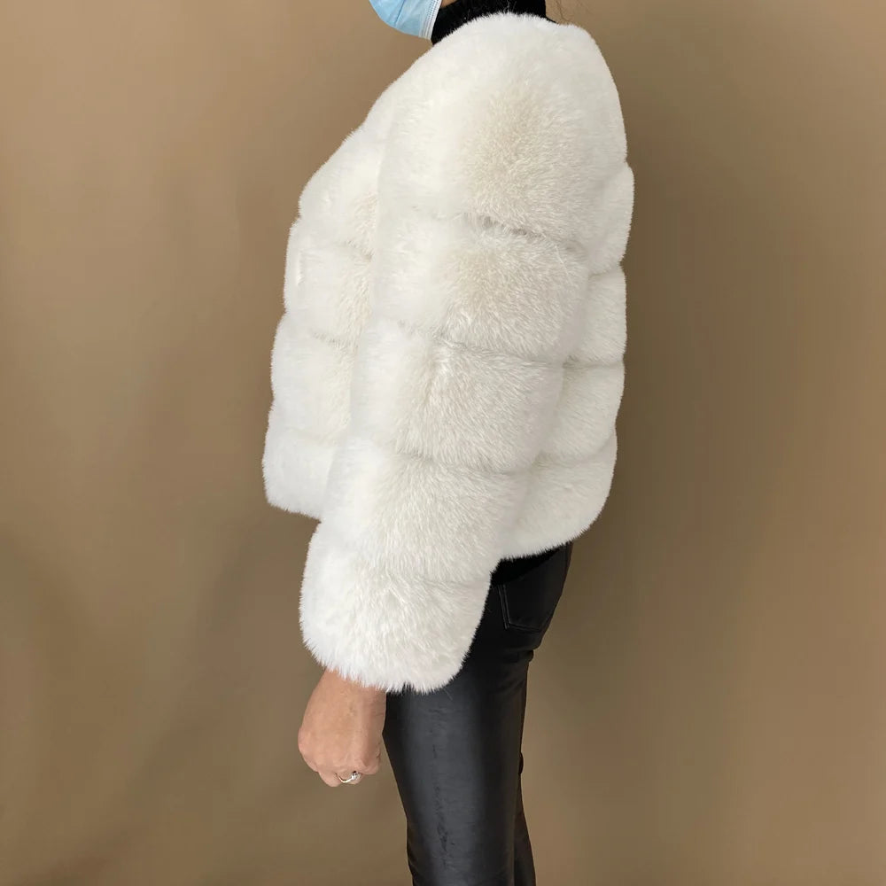 Veste Fourrure Renard Synthétique Beige Femme - Blouson Court Manches 3/4 - badassmood