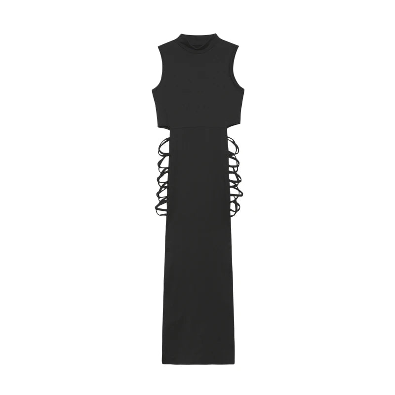 Robe moulante sexy sans manches avec découpe criss-cross et col montant, vêtement femme de la marque badassmood.com