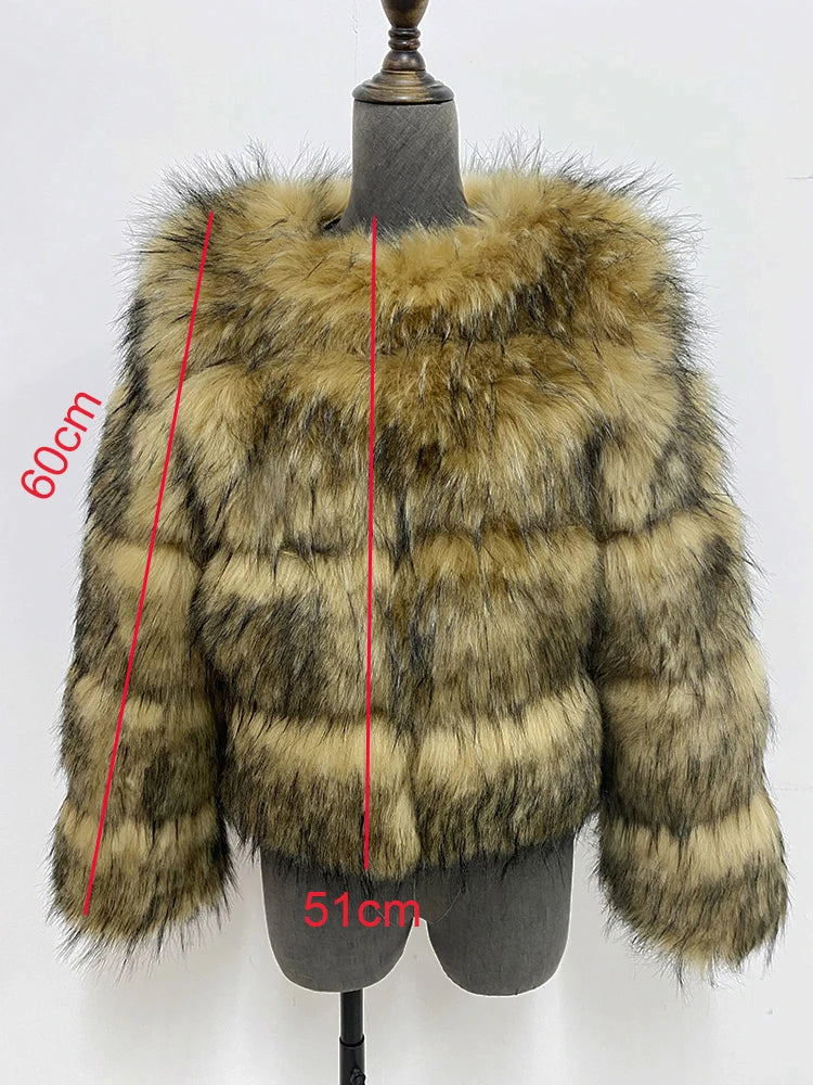 ZADORIN High Quality Cropped Faux Raccoon Fur Coat Women Winter Fashion O Neck Long Sleeve Fluffy Short Faux Fur Jacket Crop Top - badassmood