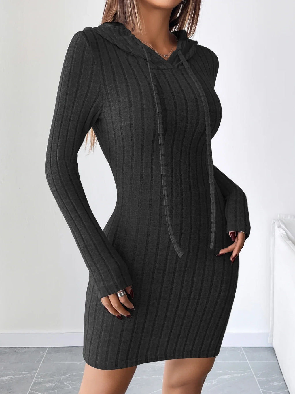 Trendy Ribbed Knitted Hooded Slim Fit Dress with Drawstring - Comfortable Casual Style for Women - badassmood