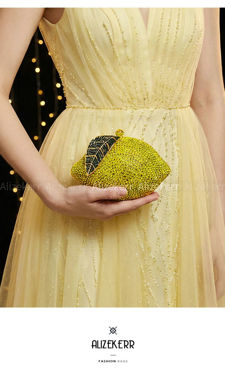 Pochette soirée en citron avec strass et diamants, sac de mariage et fête luxe pour femme, design élégant et brillant.