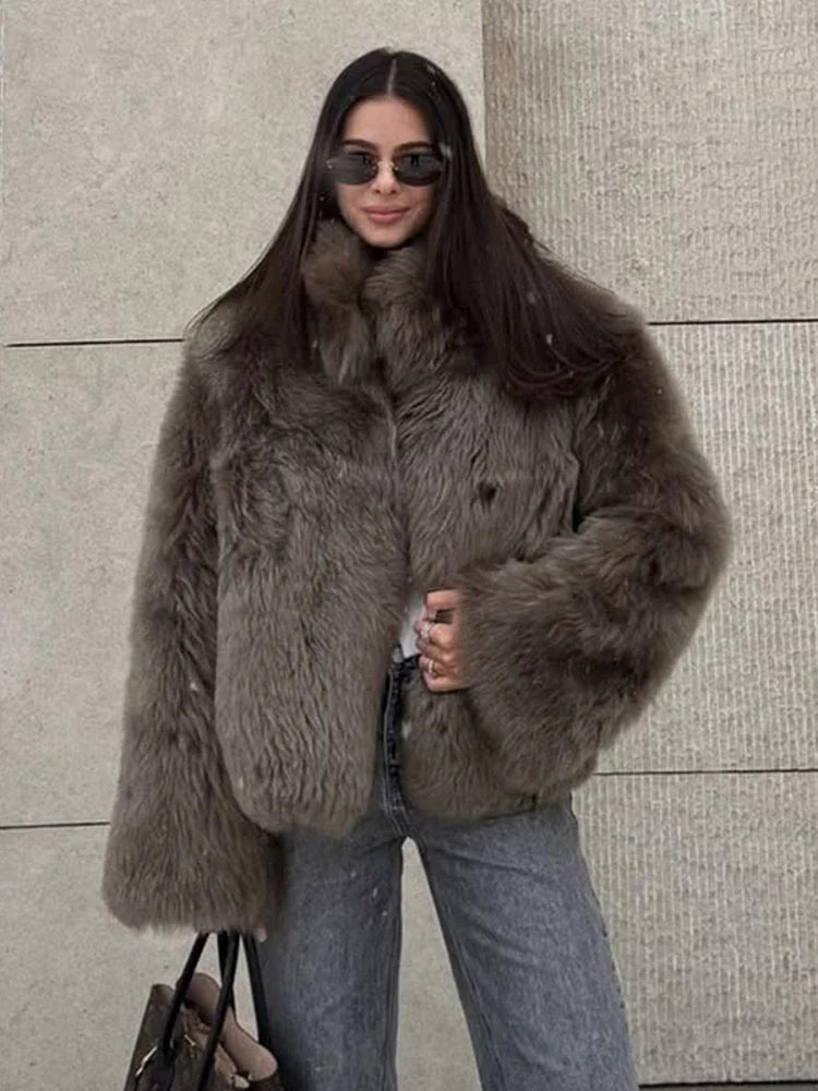 Manteau Fourrure Synthétique Marron Femme - Veste Longue Boutons Pression Hiver - badassmood