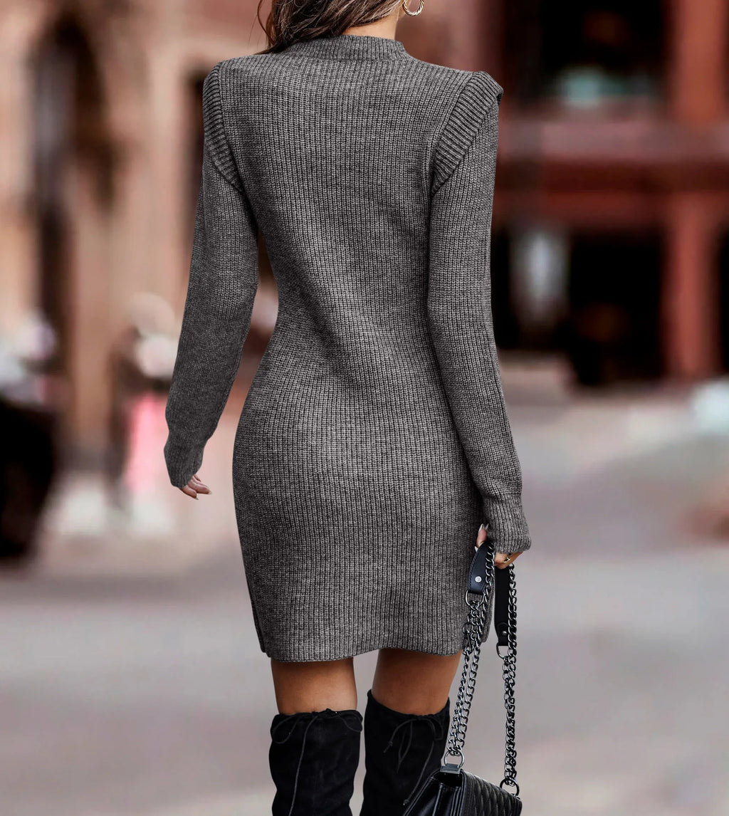 Robe pull moulante à col rond, manches longues, tricot chaud pour femme en automne hiver, style sexy et confortable.
