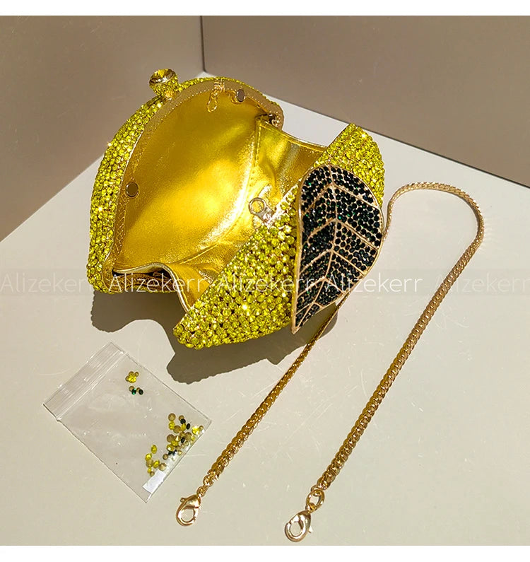 Pochette de soirée citron avec strass et diamants, sac élégant pour mariage et fête, accessoire luxe pour femme.