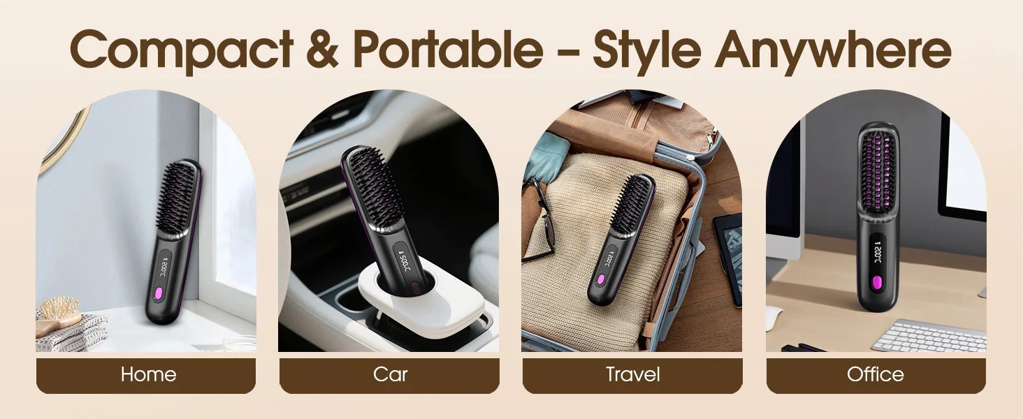 Brosse lissante sans fil LCD rechargeable, compacte et portable, idéale pour un usage en voyage et un coiffage facile.