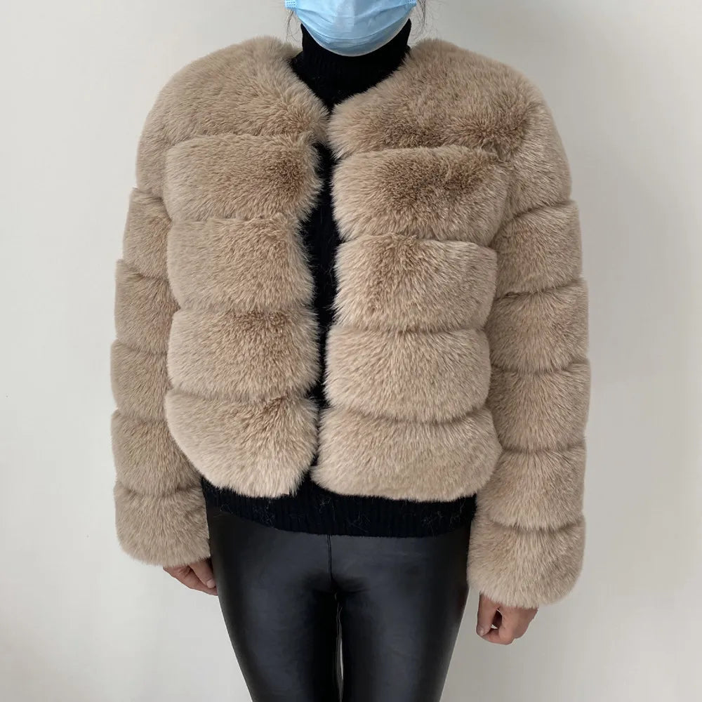 Veste Fourrure Renard Synthétique Beige Femme - Blouson Court Manches 3/4 - badassmood