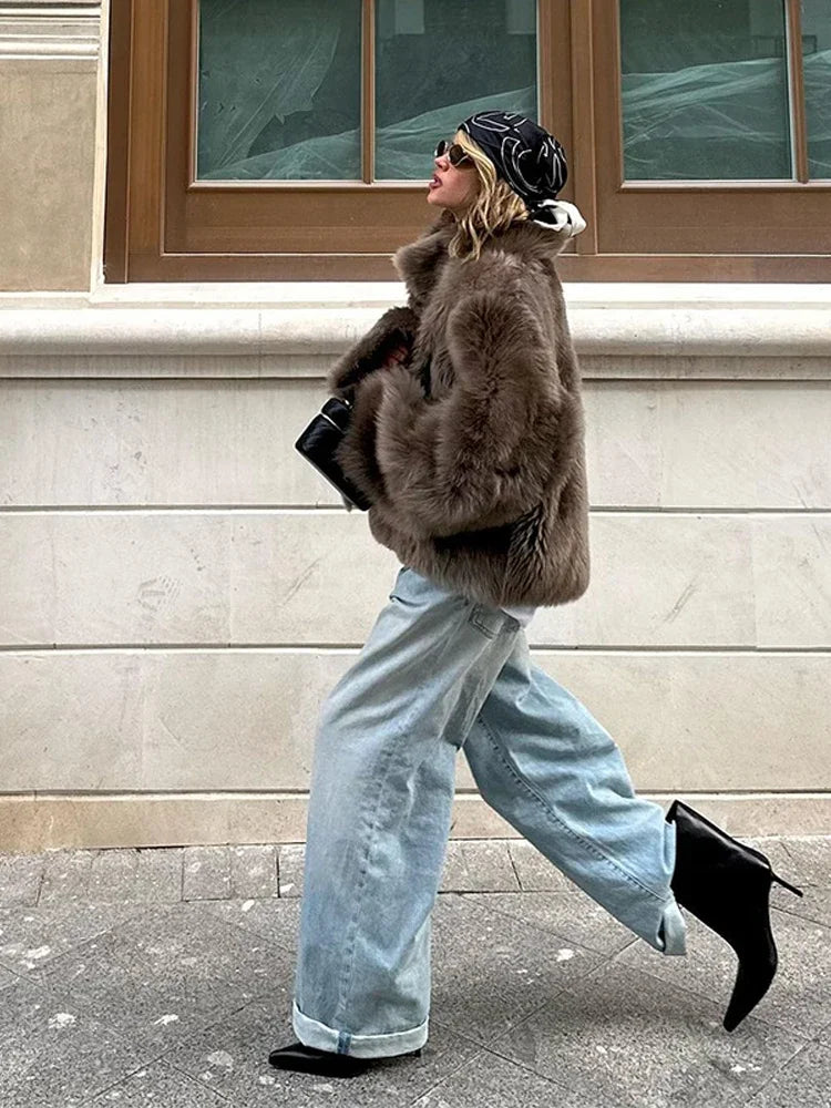 Manteau Fourrure Synthétique Marron Femme - Veste Longue Boutons Pression Hiver - badassmood