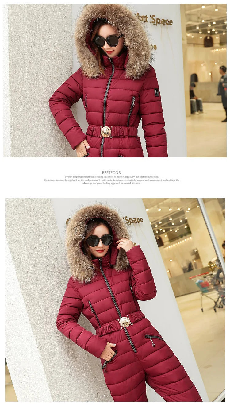 Combinaison Ski Femme Une Pièce 2025 - Parka Capuche Matelassée Coton Jumpsuit Hiver - badassmood