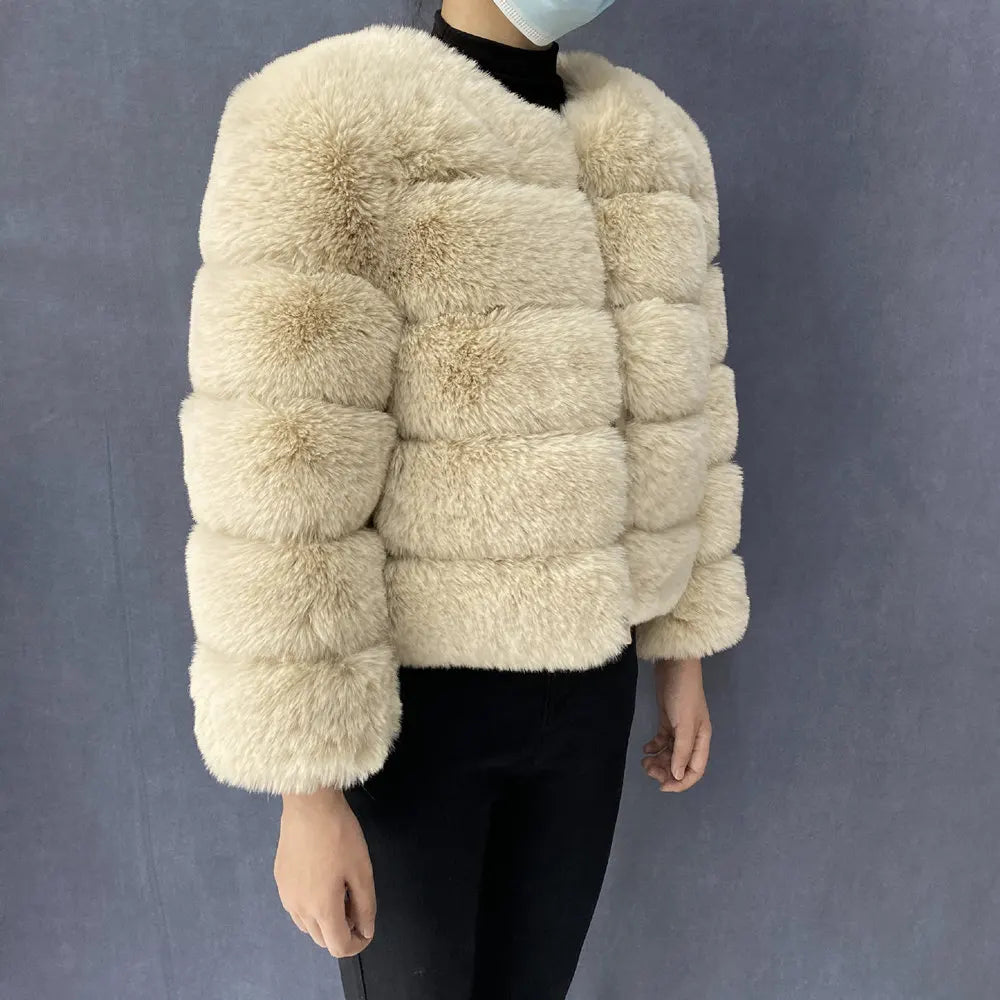Veste Fourrure Renard Synthétique Beige Femme - Blouson Court Manches 3/4 - badassmood
