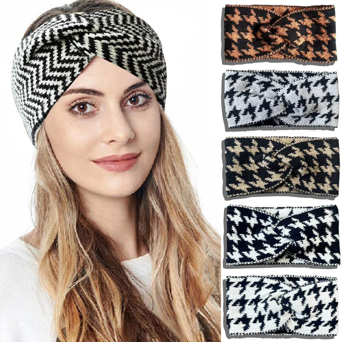 5PCS/3PCS Set Knitted Thousand Bird Fashion Women's Headbands Retro Warm High Elasticity Hairband Hair Accessoires - badassmood
