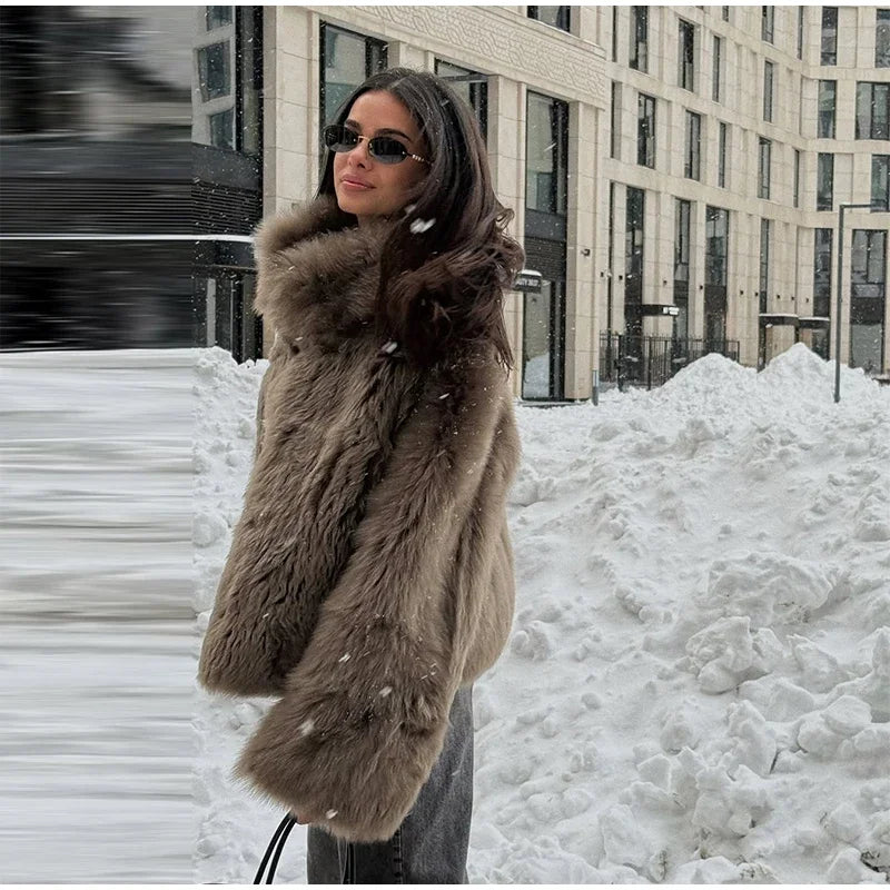 Manteau Fourrure Synthétique Marron Femme - Veste Longue Boutons Pression Hiver - badassmood