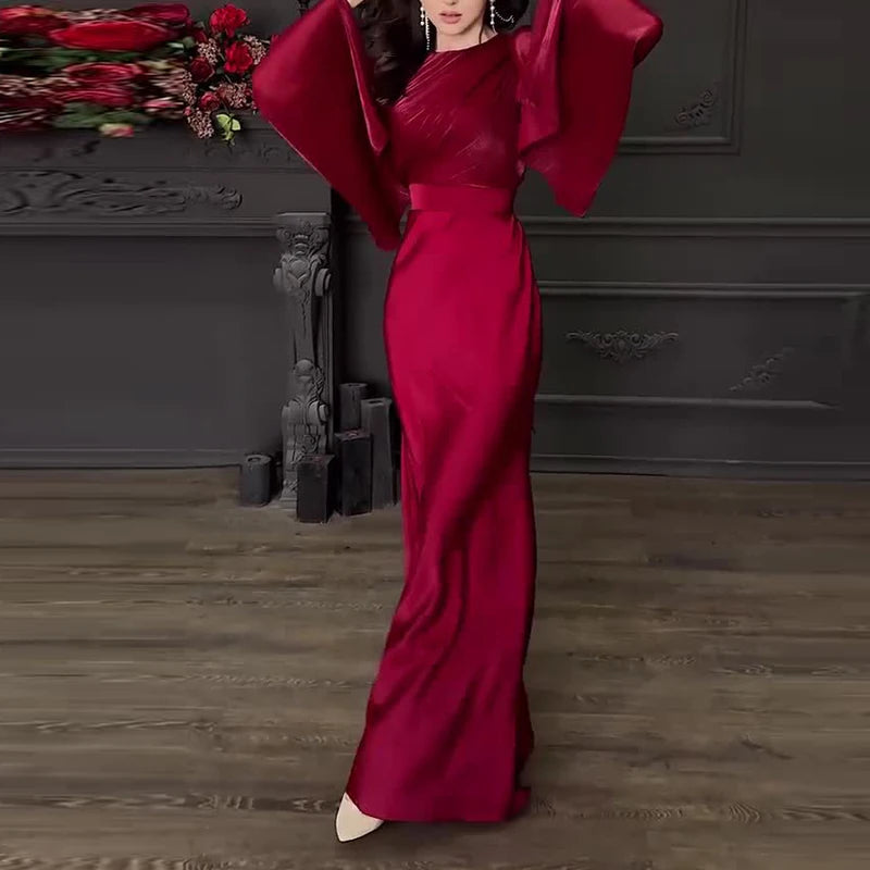 Robe Longue Satin Vintage Femme - Robe Taille Haute Col Rond Banquet Élégante - badassmood