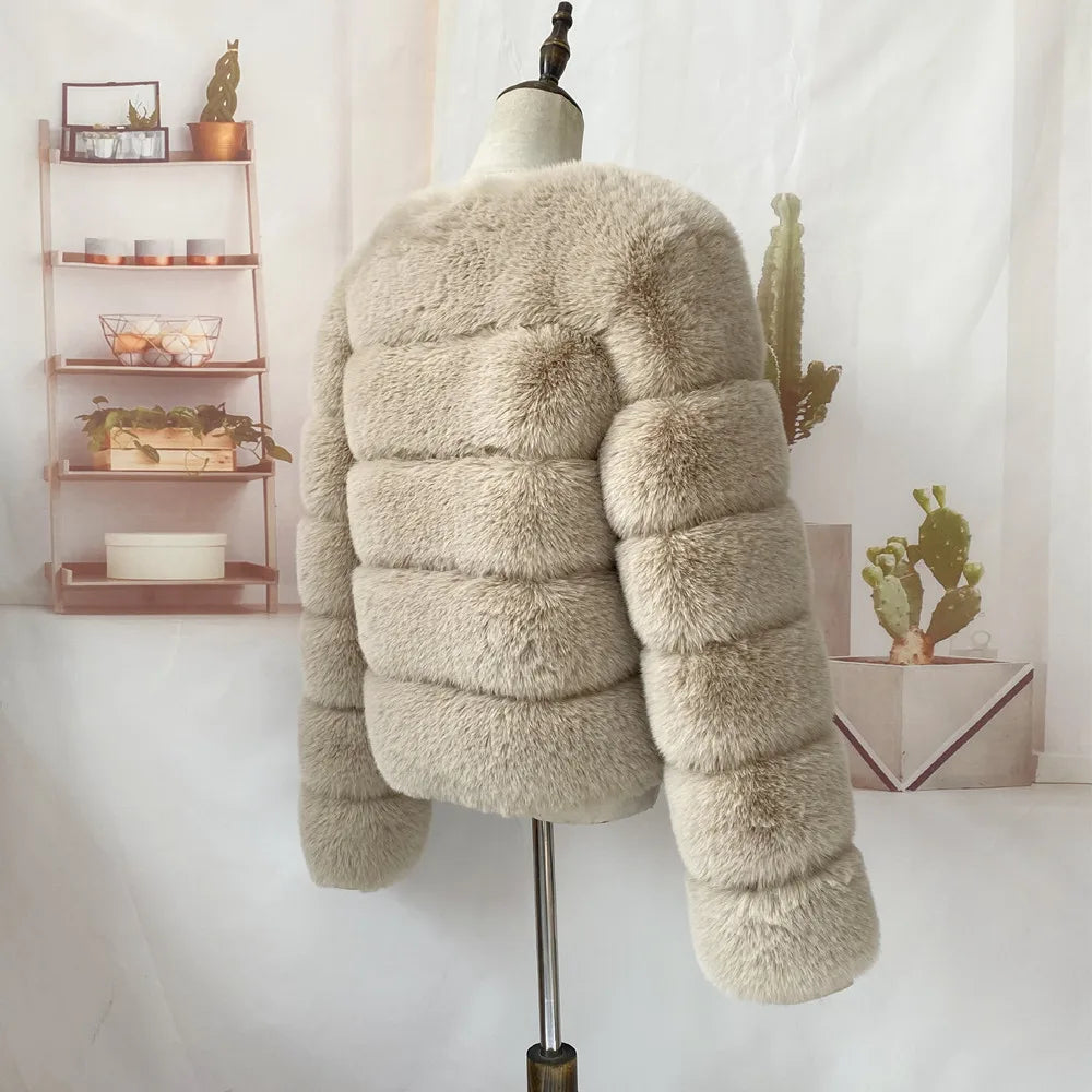 Veste Fourrure Renard Synthétique Beige Femme - Blouson Court Manches 3/4 - badassmood