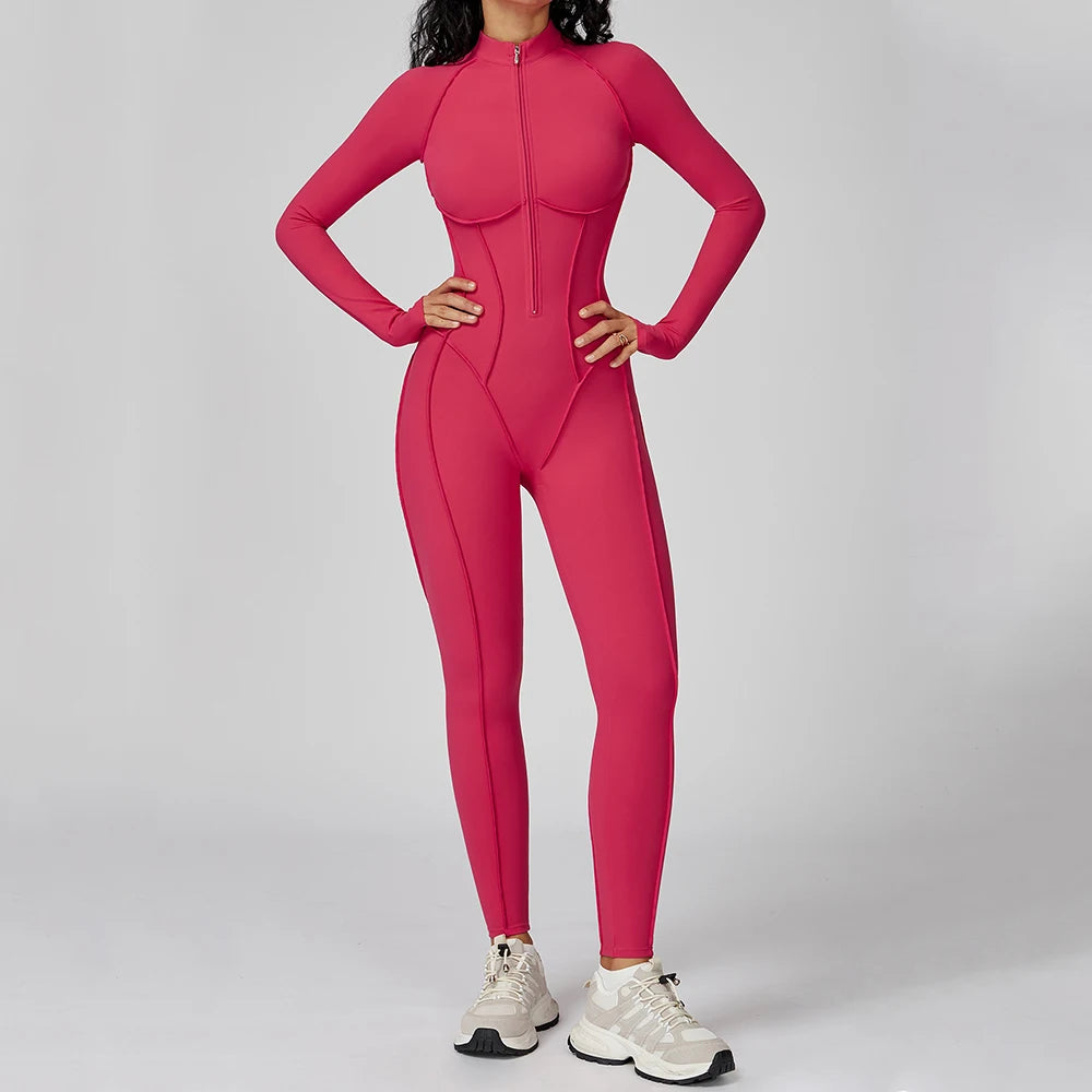 Yoga Bodysuit Long Sleeved Women's Tracksuits Gym Zipper Jumpsuits Sports Workout High-intensity Fitness One-piece Tights Suit - badassmood