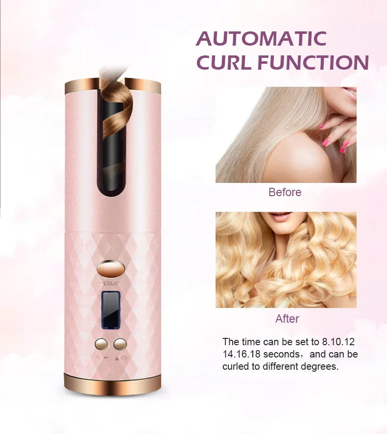 Boucleur automatique sans fil pour cheveux, rechargeable USB, permettant de créer des boucles parfaites facilement.