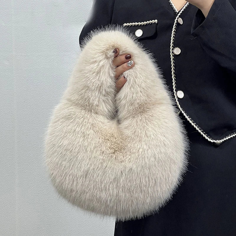 Fashion Soft Plush Half Moon Bags for Women Designer Fluffy Faux Fur Lady Handbags Luxury Small Tote Female Winter Purses - badassmood