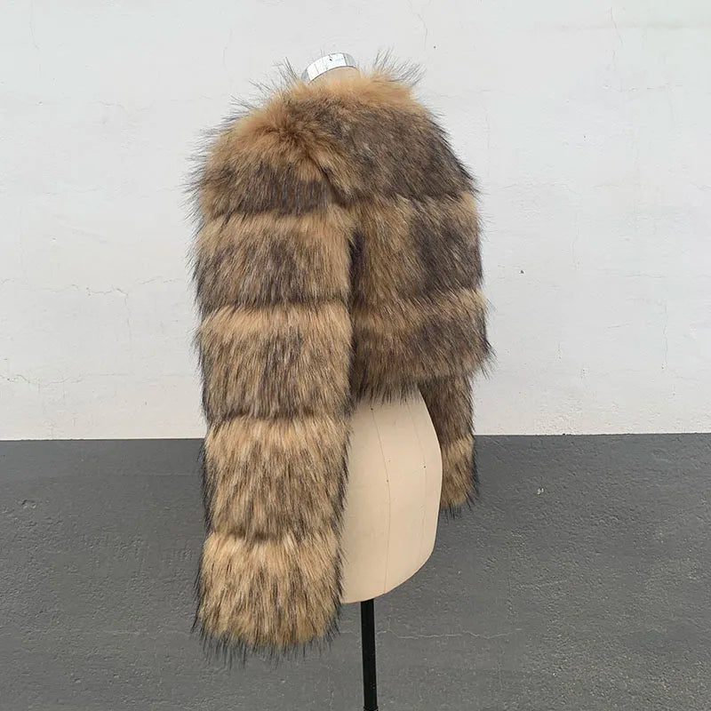 ZADORIN High Quality Cropped Faux Raccoon Fur Coat Women Winter Fashion O Neck Long Sleeve Fluffy Short Faux Fur Jacket Crop Top - badassmood
