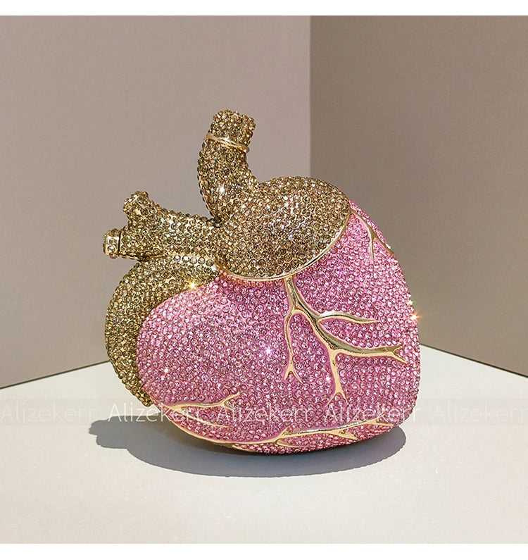 Pochette de soirée en forme de cœur avec strass et diamants, sac de mariage et fête pour femme, luxe et élégance.
