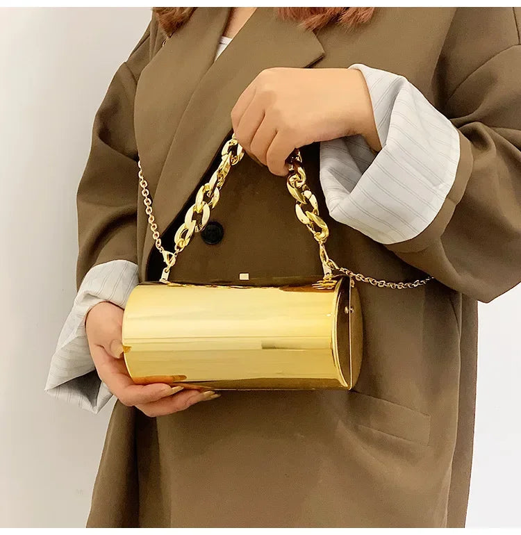Pochette Cylindre Mini Soirée 2026 - Sac Femme Doré Bandoulière Box Clutch Party - badassmood