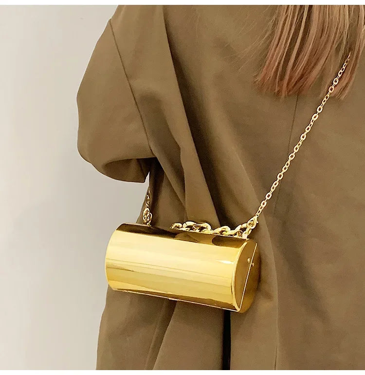 Pochette Cylindre Mini Soirée 2026 - Sac Femme Doré Bandoulière Box Clutch Party - badassmood