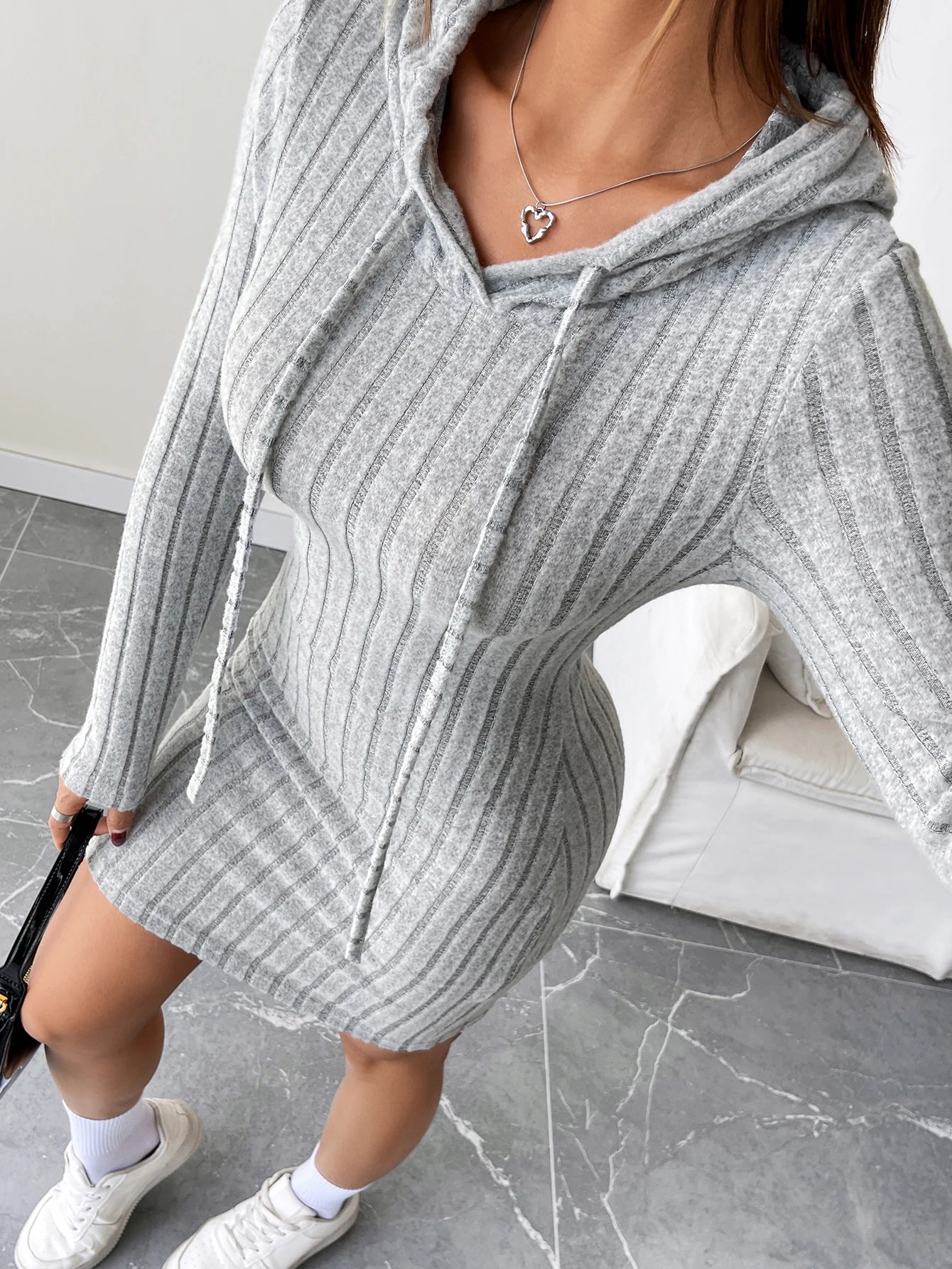 Trendy Ribbed Knitted Hooded Slim Fit Dress with Drawstring - Comfortable Casual Style for Women - badassmood