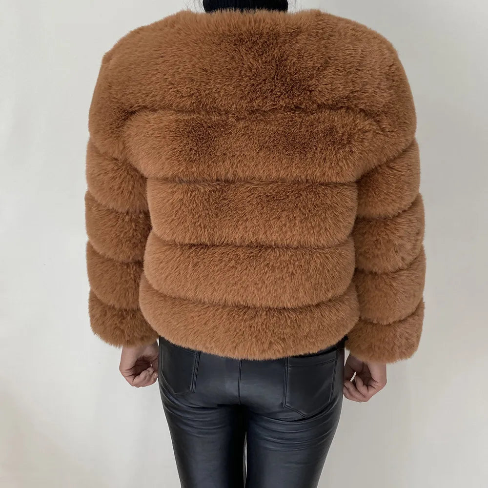 Veste Fourrure Renard Synthétique Beige Femme - Blouson Court Manches 3/4 - badassmood