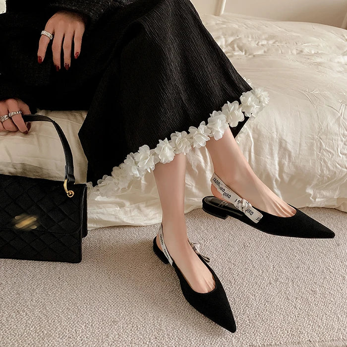 Sandales plates pointues pour femme avec talon bloc de 3-5 cm, bride élastique, disponibles en tailles 33-46, chaussure élégante.