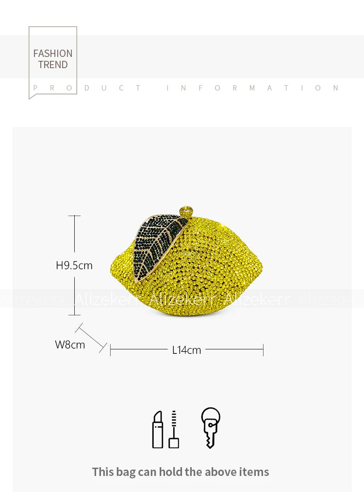 Pochette de soirée Citron avec strass et diamants, sac de luxe pour mariage et fête, design élégant pour femme.