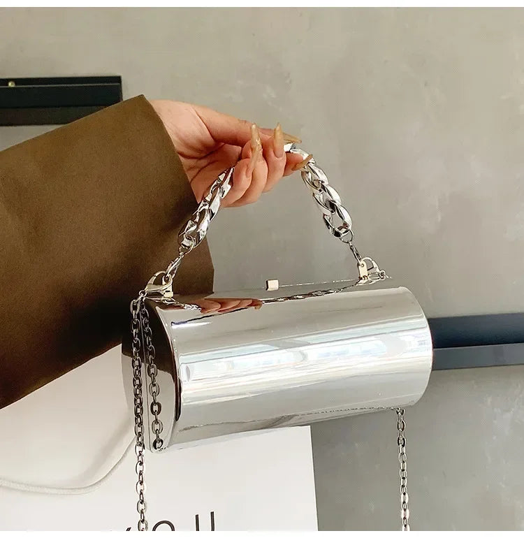 Pochette Cylindre Mini Soirée 2026 - Sac Femme Doré Bandoulière Box Clutch Party - badassmood