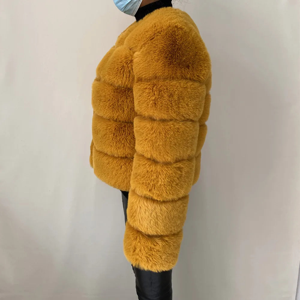 Veste Fourrure Renard Synthétique Beige Femme - Blouson Court Manches 3/4 - badassmood