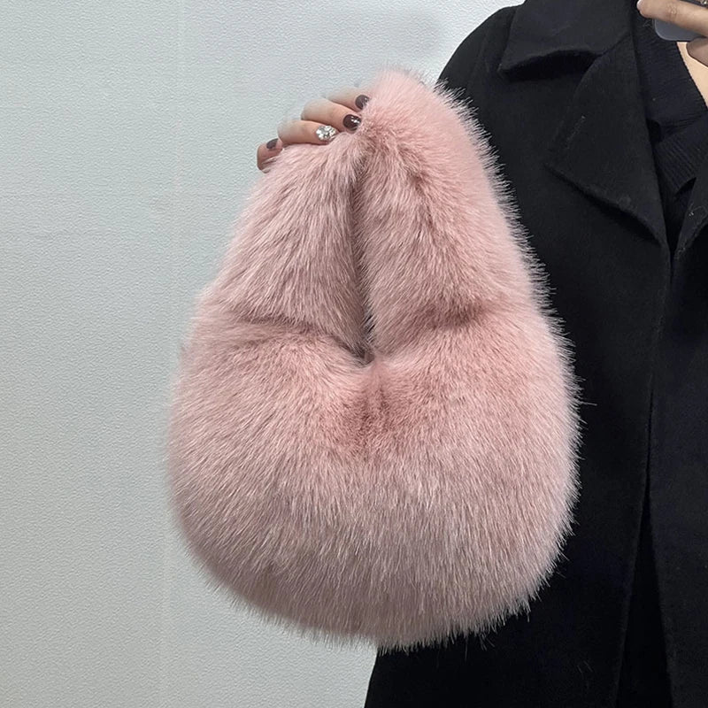 Fashion Soft Plush Half Moon Bags for Women Designer Fluffy Faux Fur Lady Handbags Luxury Small Tote Female Winter Purses - badassmood