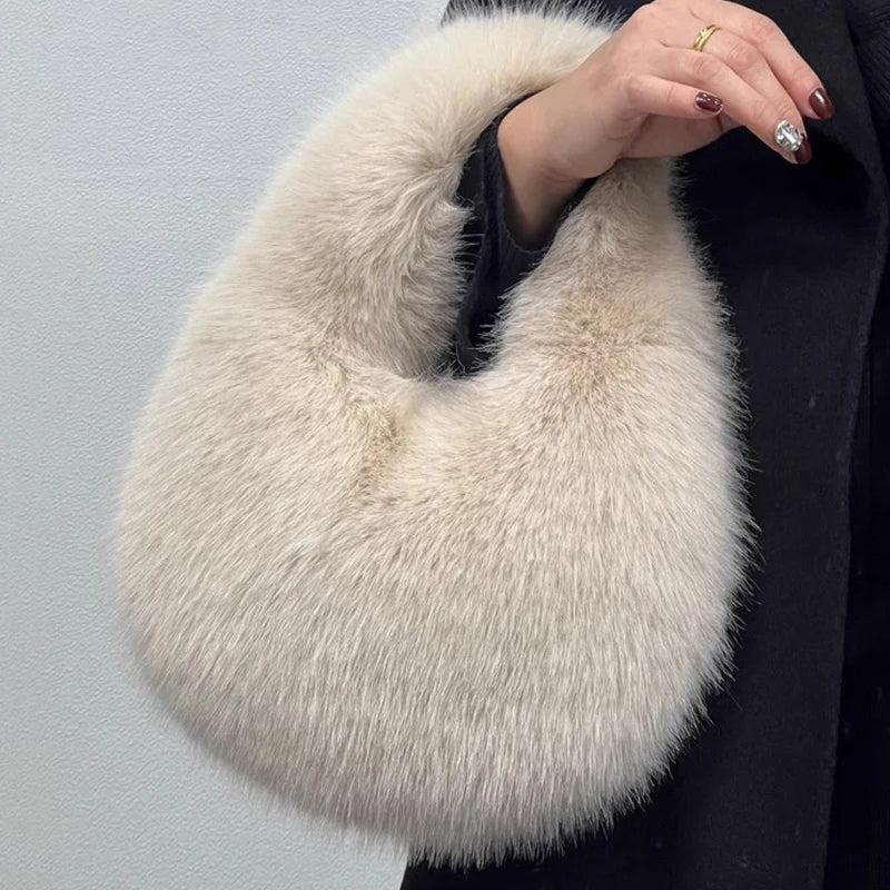 Fashion Soft Plush Half Moon Bags for Women Designer Fluffy Faux Fur Lady Handbags Luxury Small Tote Female Winter Purses - badassmood