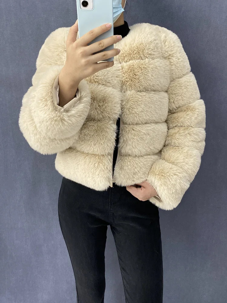 Veste Fourrure Renard Synthétique Beige Femme - Blouson Court Manches 3/4 - badassmood