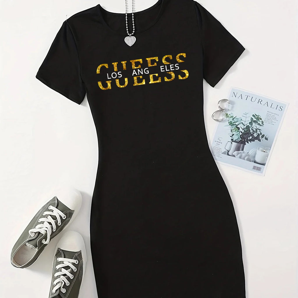 Summer Ladies GUEESS Los Angeles Printed Casual Sexy Slim Fit Hip hugging Short Sleeve Round Neck T-shirt Short Mini Skirt - badassmood