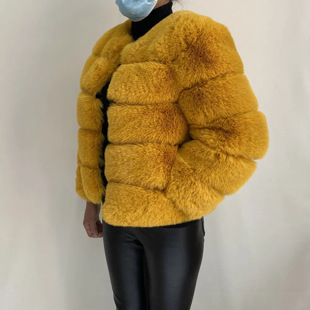 Veste Fourrure Renard Synthétique Beige Femme - Blouson Court Manches 3/4 - badassmood