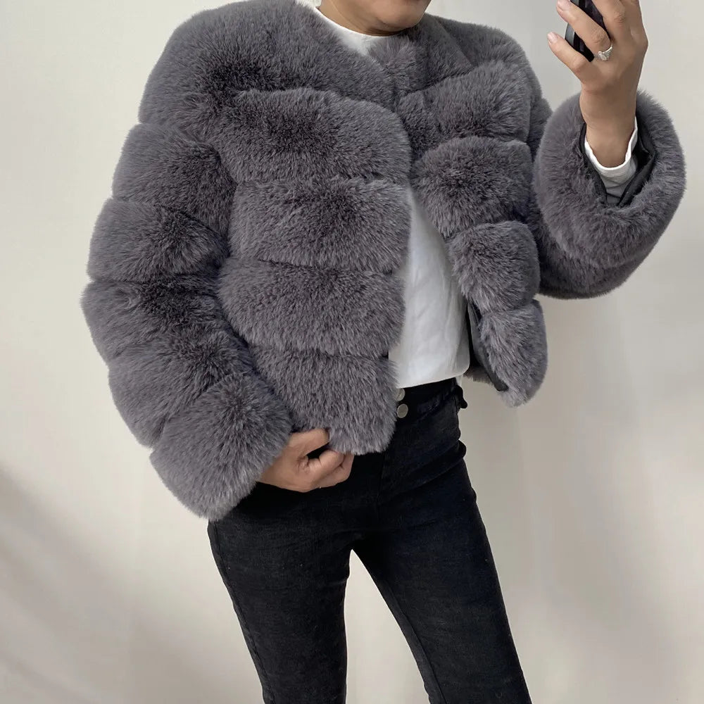 Veste Fourrure Renard Synthétique Beige Femme - Blouson Court Manches 3/4 - badassmood