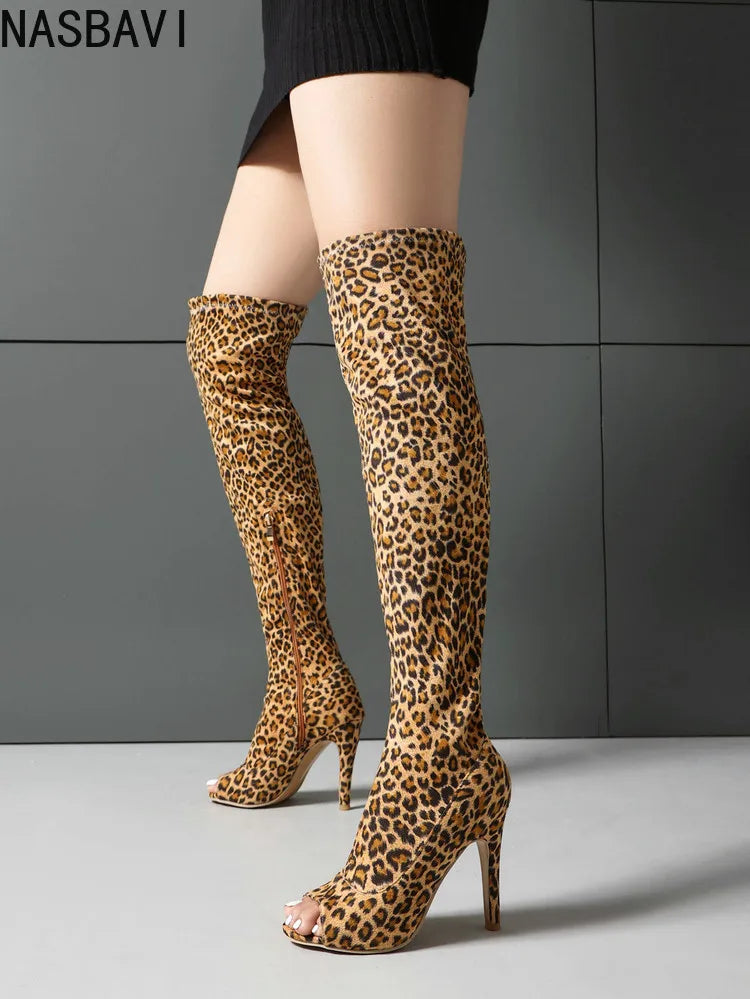 Bottes Cuissardes Léopard Femme Talons Hauts - Cuissardes Zip Élastiques