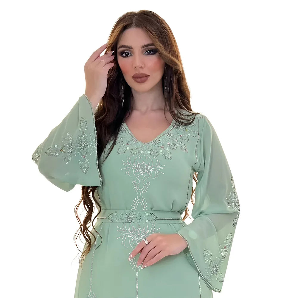 Abaya Musulmane Femme Été - Robe Longue Col V Manches Longues Élégante - badassmood