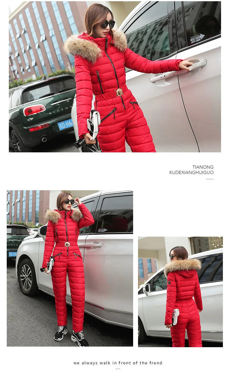 Combinaison Ski Femme Une Pièce 2025 - Parka Capuche Matelassée Coton Jumpsuit Hiver - badassmood