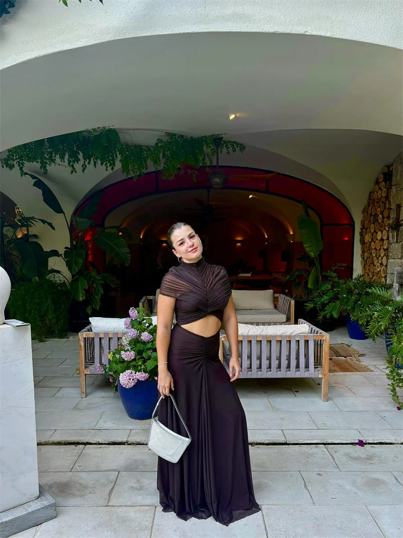 Robe maxi sexy à ajourée, col rond, manches courtes et taille haute, robe bodycon pour club, par badassmood.com