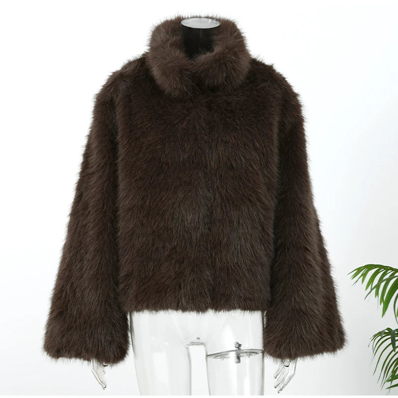 Manteau Fourrure Synthétique Marron Femme - Veste Longue Boutons Pression Hiver - badassmood