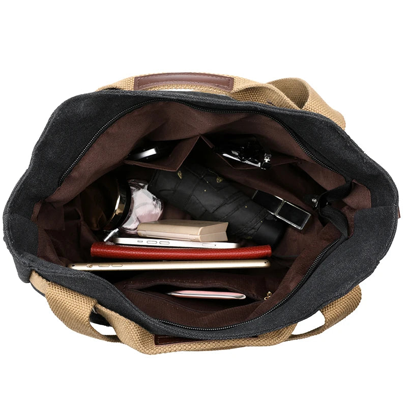 Sac à main femme en toile canvas avec plusieurs poches et trois modes de port, grand volume, style pratique et élégant.