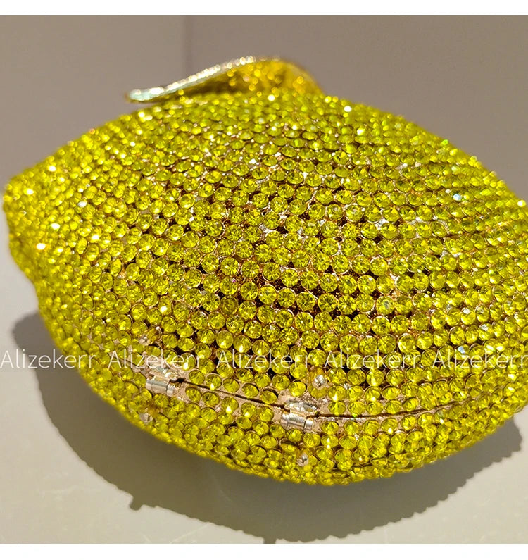 Pochette de soirée citron avec strass et diamants, sac élégant pour mariage et fête, luxe pour femme.