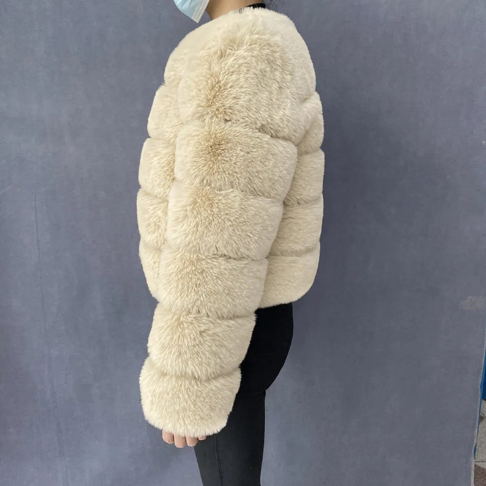 Veste Fourrure Renard Synthétique Beige Femme - Blouson Court Manches 3/4 - badassmood