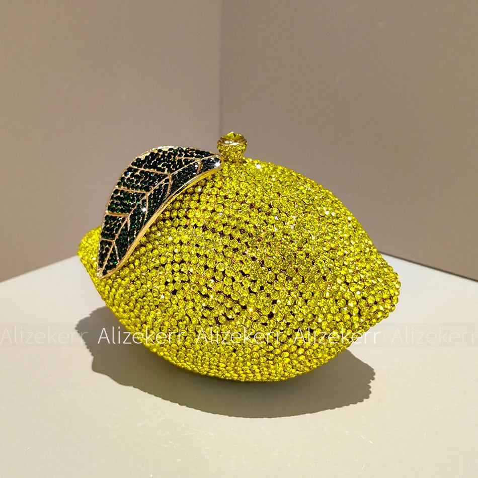 Pochette de soirée Citron avec strass et diamants, sac de mariage et fête pour femme, élégante et luxueuse.
