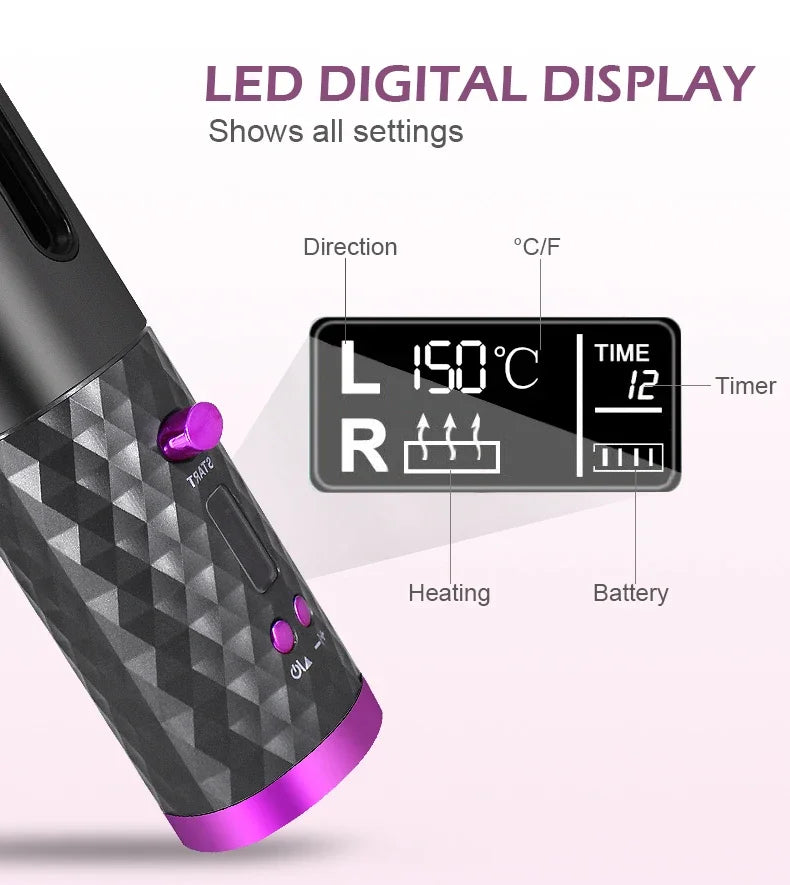 Boucleur automatique sans fil pour cheveux avec design compact, rechargeable USB, facilitant des boucles parfaites sans effort.