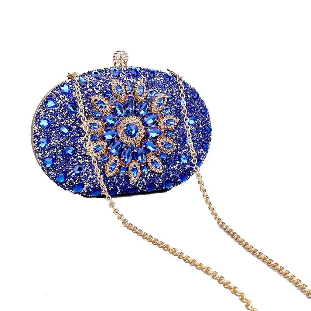 Pochette de soirée en fleurs avec strass et diamants, sac de mariage élégant avec chaîne luxe, design sophistiqué.