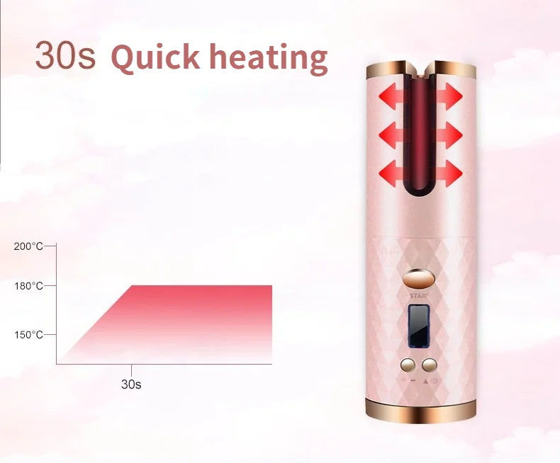 Boucleur automatique sans fil pour cheveux, rechargeable par USB, créant des boucles parfaites sans effort.
