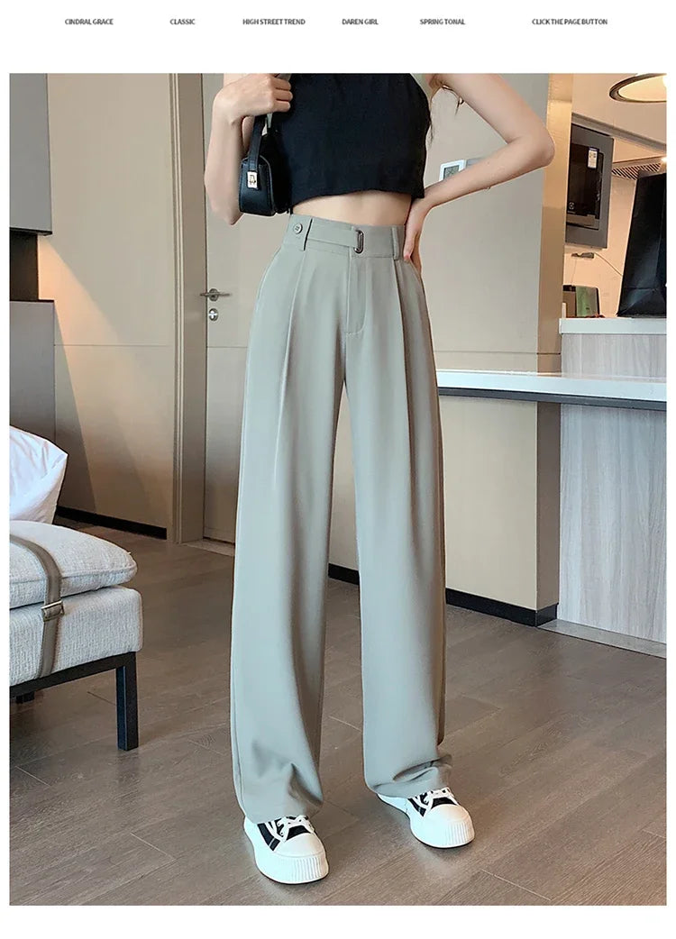 Pantalon large taille haute pour femme, style décontracté et élégant, couleur unie, parfait pour bureau et casual.