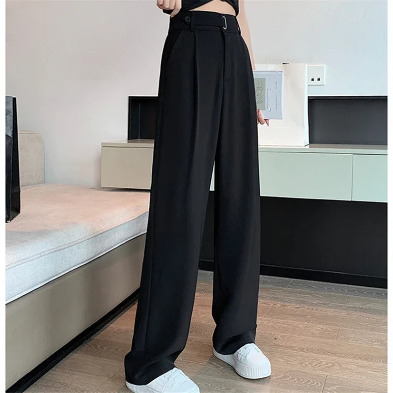 Pantalon large taille haute pour femme, style casual élégant, couleur unie, idéal pour bureau, fabriqué par badassmood.com